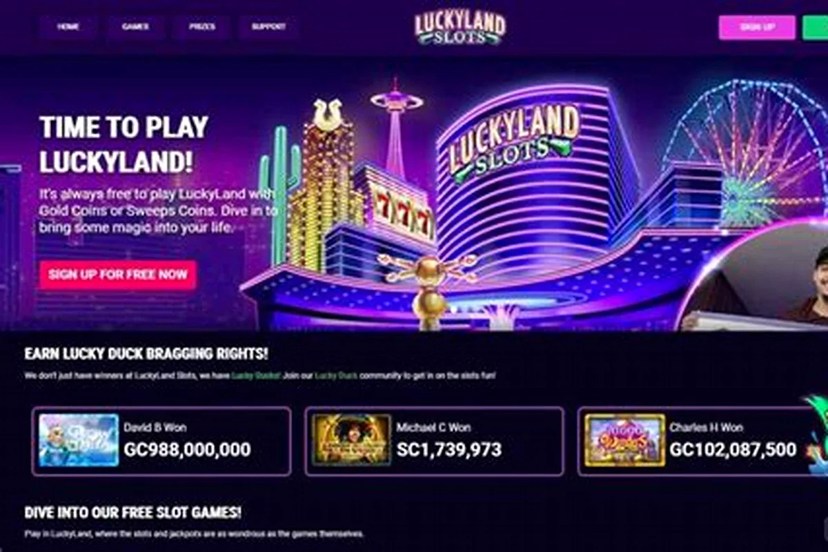 Luckyland Casino lobby with slot reels and bonus coin stacks